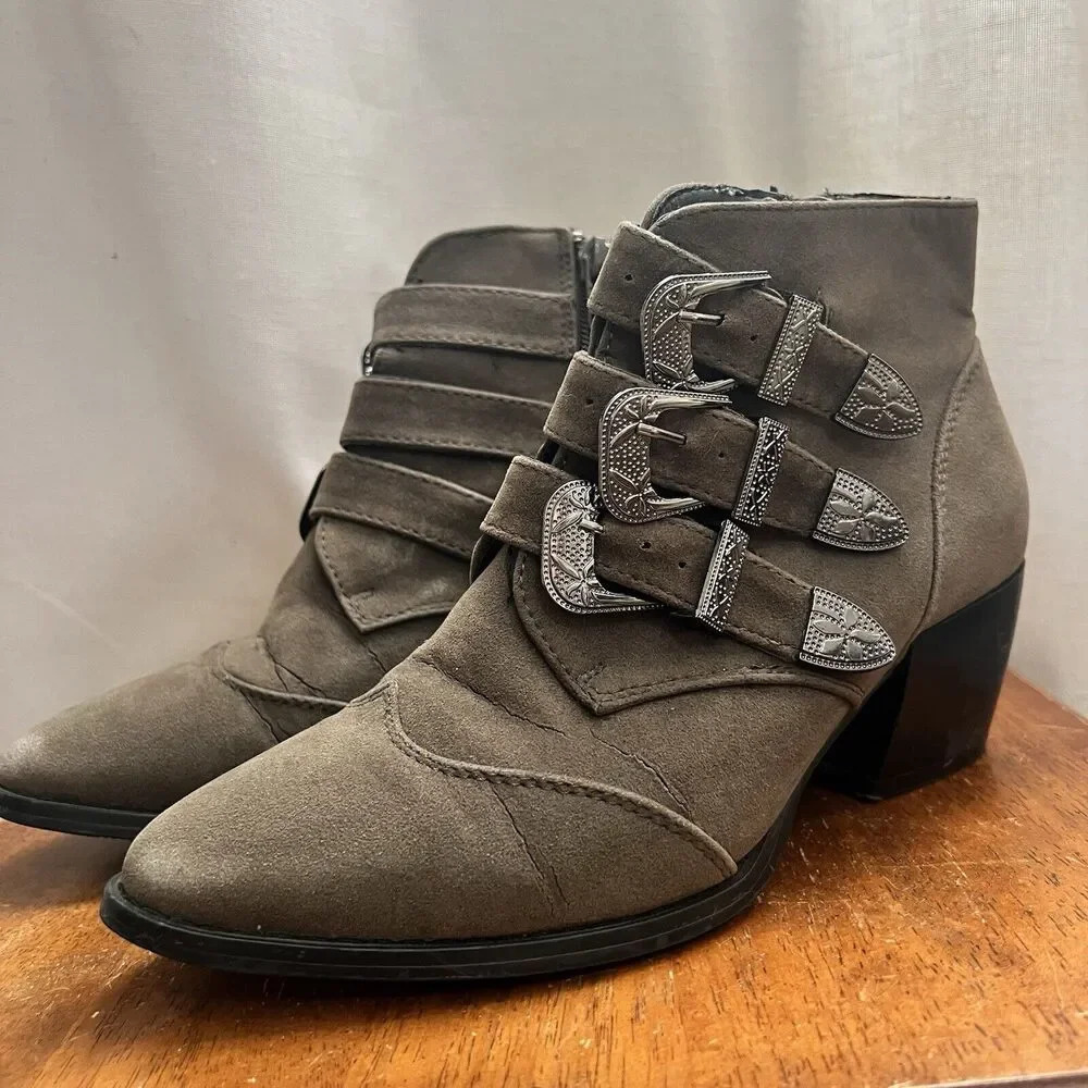 Truffle Ankle‎ Boots Womens 5.5 Green Suede Leather Buckle Strap Booties Western